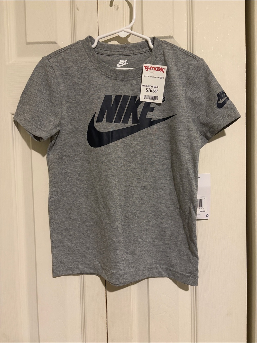 Nike Grey Tee with Navy Swoosh - Boys Short Sleeve